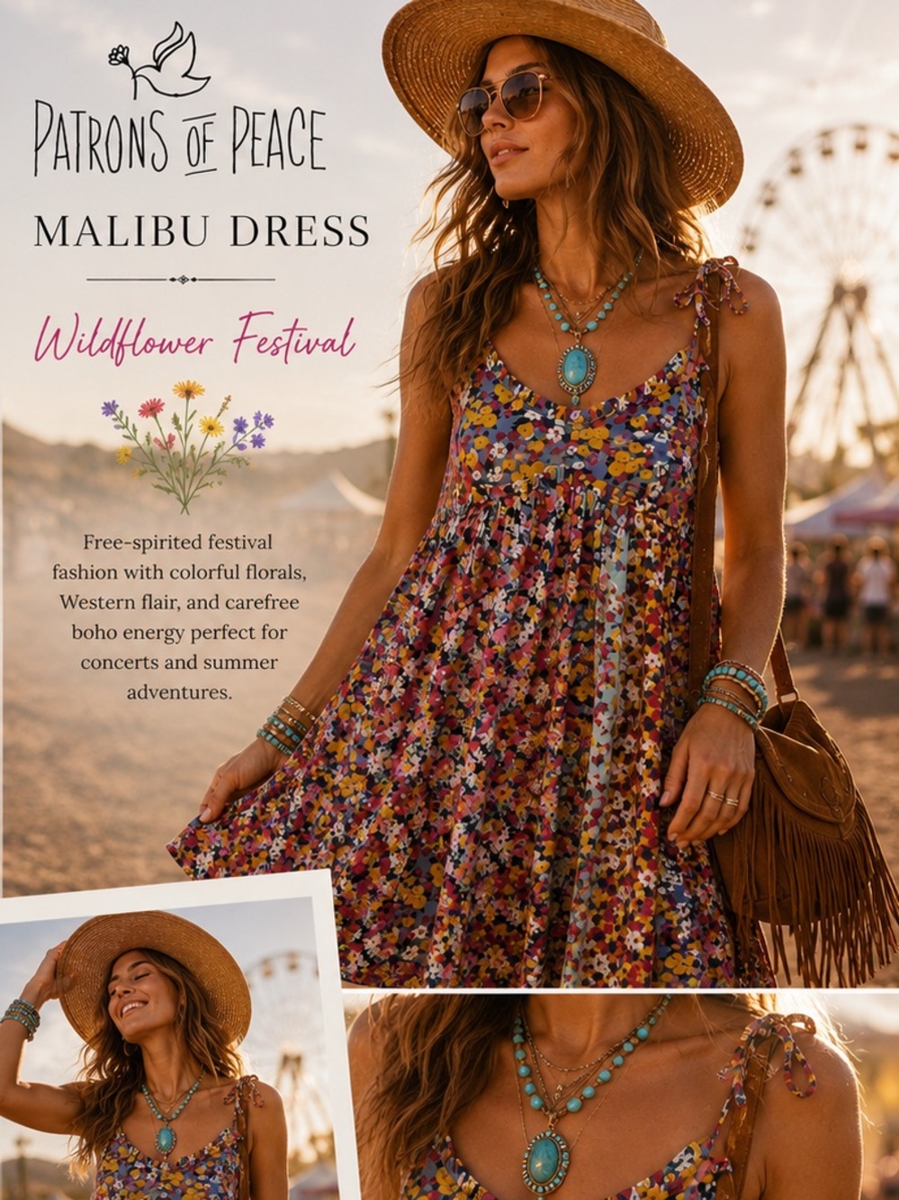Patrons of Peace Malibu Dress M Floral Babydoll Mini Dress Western Boho C1 - Picture 2 of 15